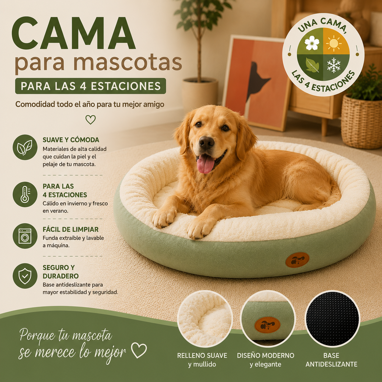 Cama Redonda para Perros y Gatos con Base Antideslizante