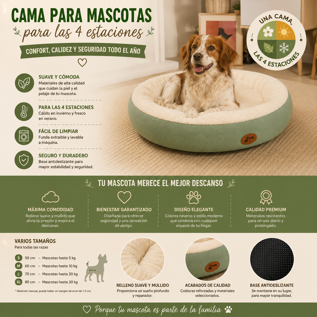 Cama Redonda para Perros y Gatos con Base Antideslizante